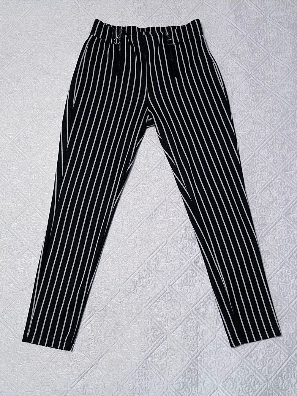 Revamped Black Pinstripe Tapered Chinos - Size: S